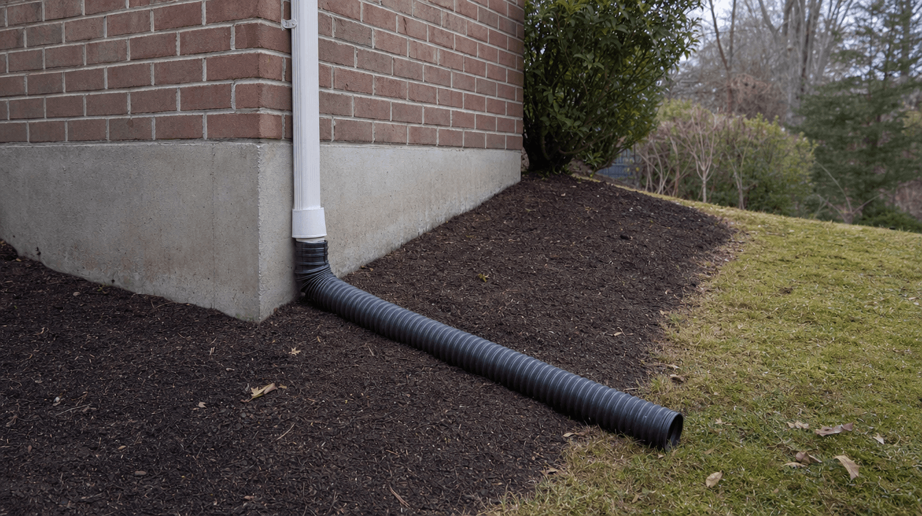 Exterior foundation corner showing proper grading slope and an extended downspout carrying water away from the house