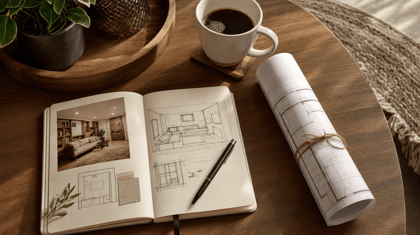 A warm planning flat-lay with a notebook and pen, a rolled house plan, and a coffee mug on a wooden table