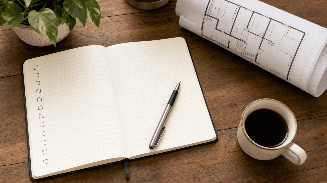 A homeowner's notebook with a checklist and pen beside a basement floor plan