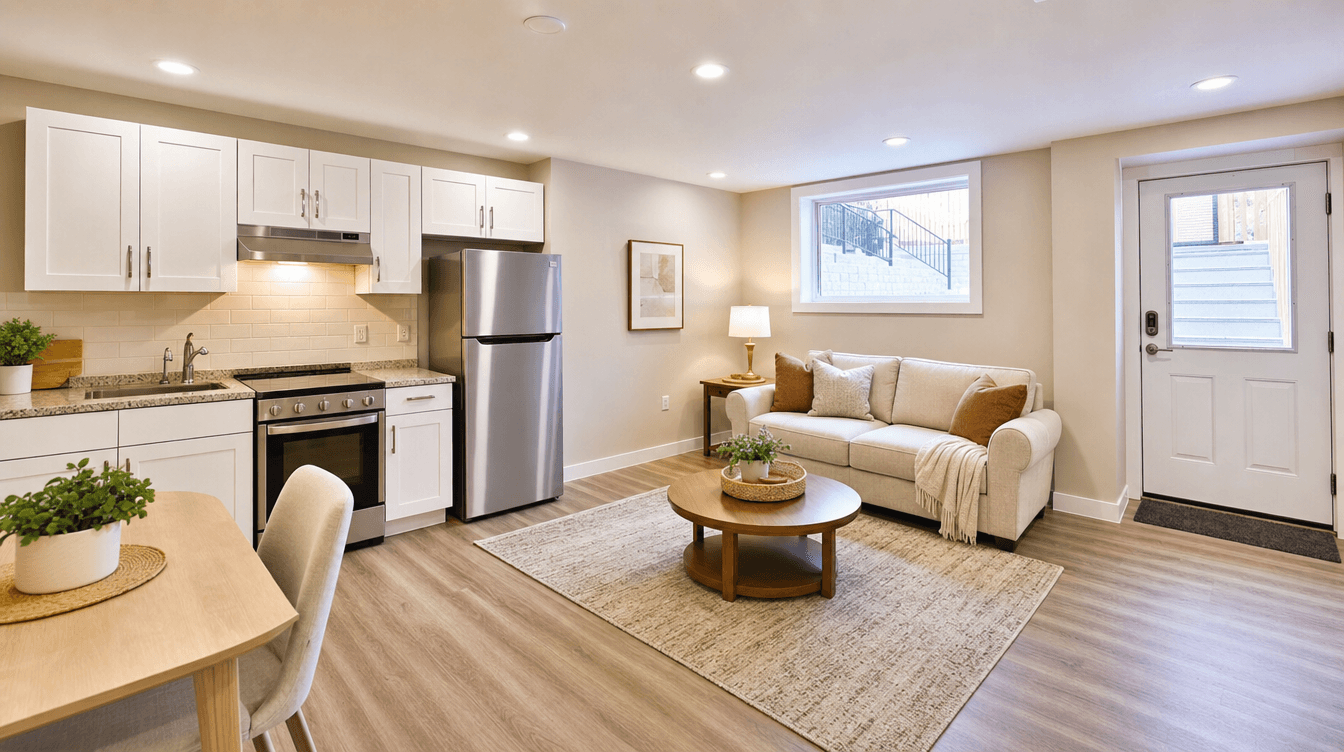 Bright welcoming finished legal basement suite living area with a kitchenette, move-in ready
