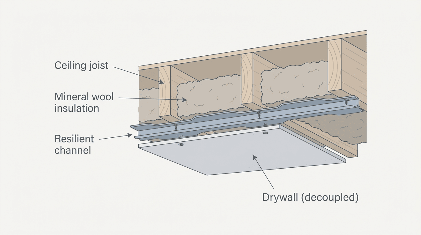 Cross-section diagram showing resilient channel decoupling drywall from ceiling joists to reduce sound transfer.