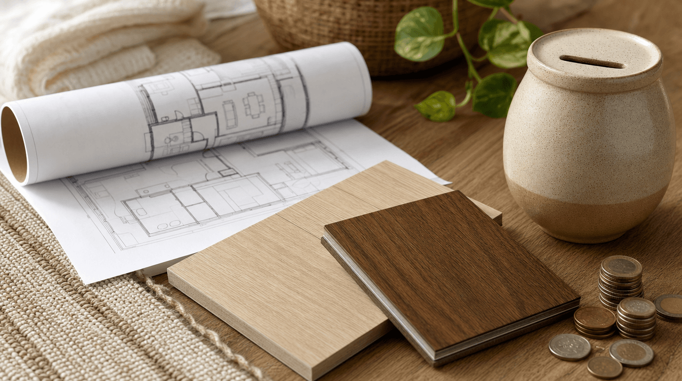 A warm flat-lay of a house-plan sketch, flooring samples, and a coin jar suggesting smart basement budgeting