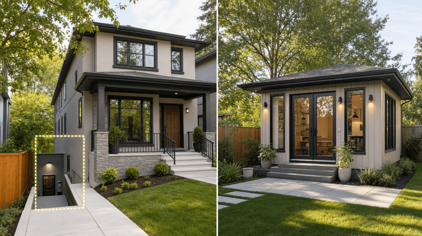 A conceptual comparison of a house with a highlighted basement suite entrance beside a small detached backyard garden suite