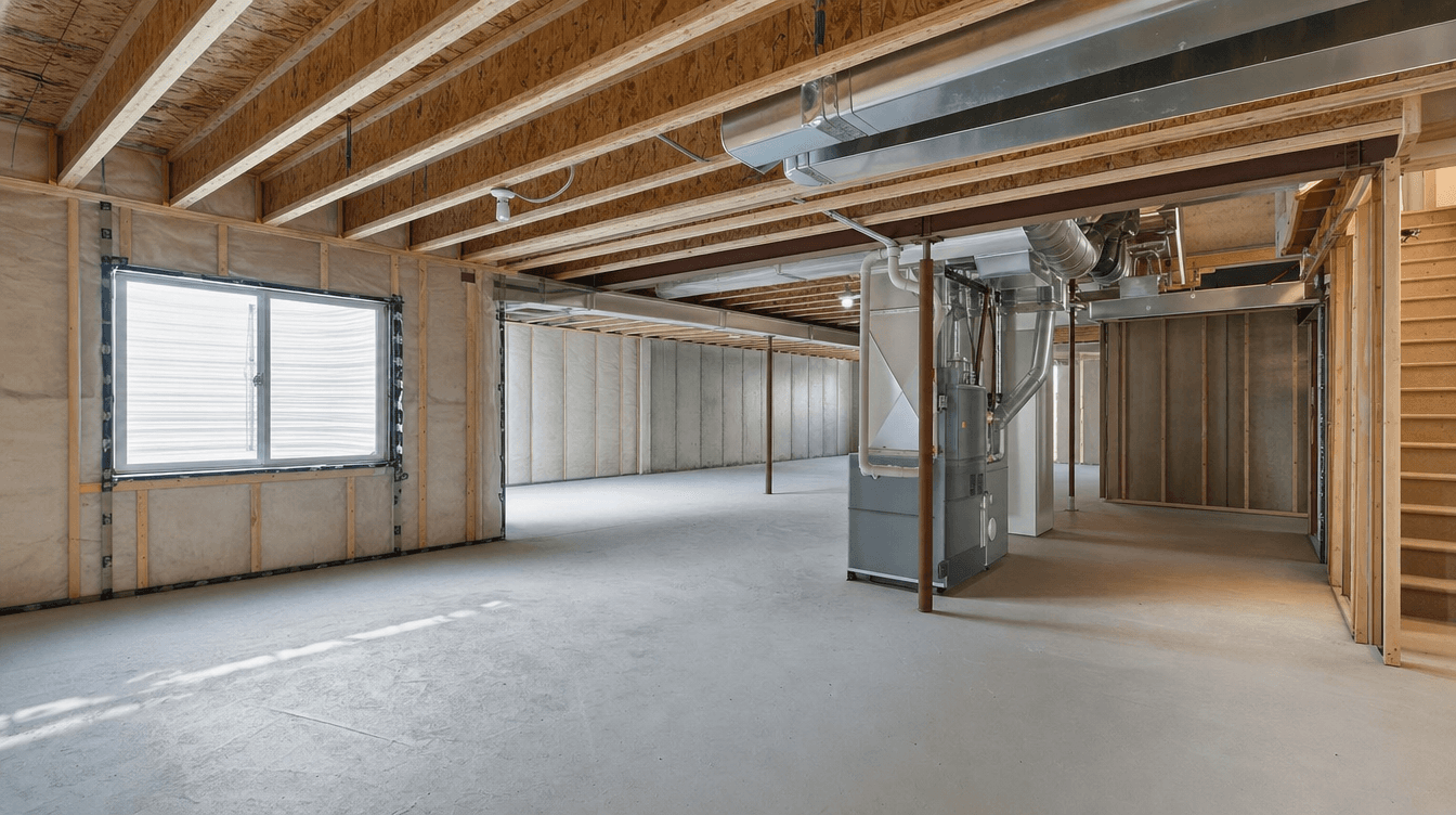 Framing going up in a new Calgary home's unfinished basement, ready for development.