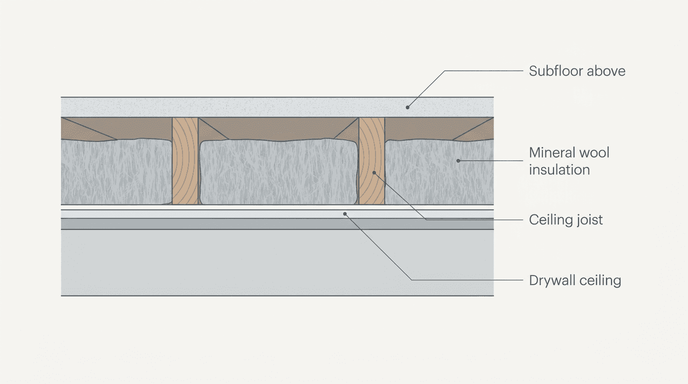 Mineral wool sound insulation installed between the ceiling joists of an unfinished basement.