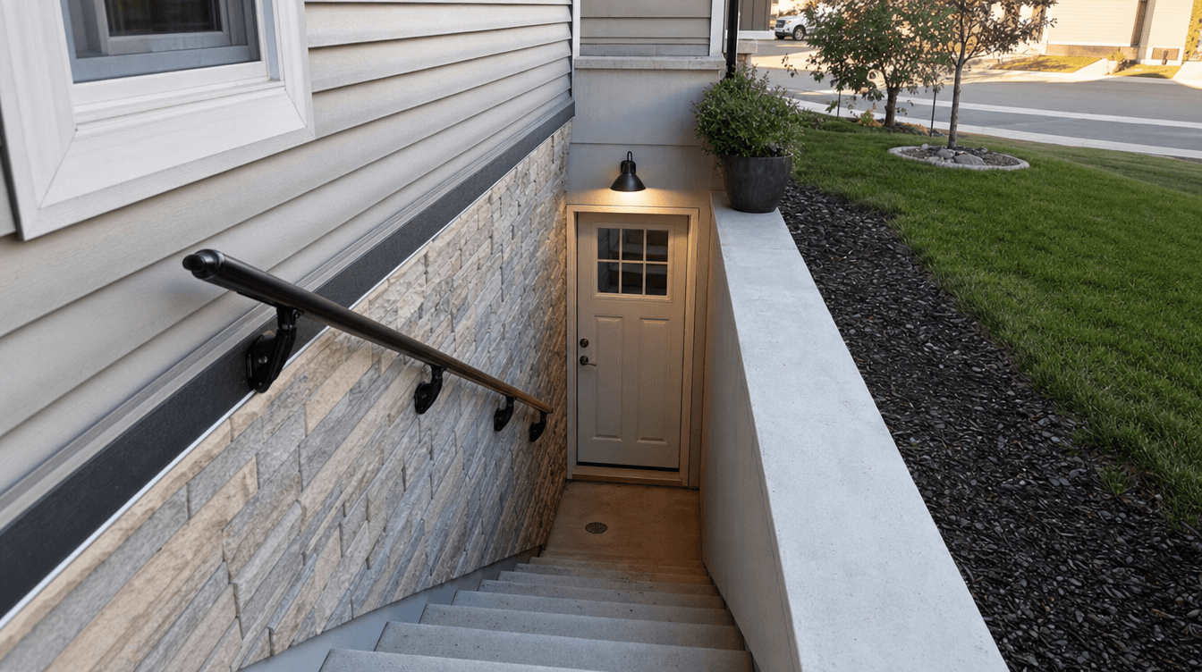 Tidy exterior side stairwell leading down to a separate basement-suite entrance door beside a home