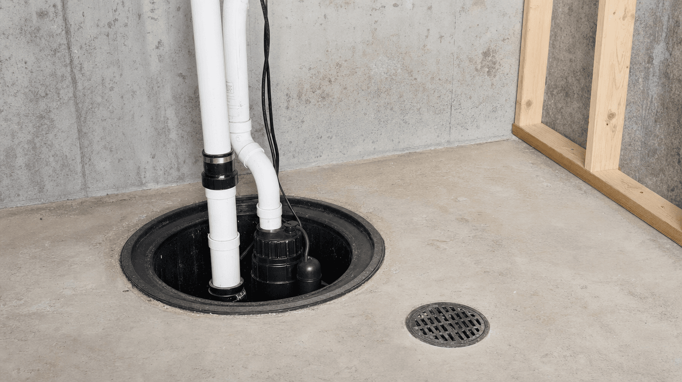 A basement sump pump pit and a floor drain in a mechanical area with a concrete floor.