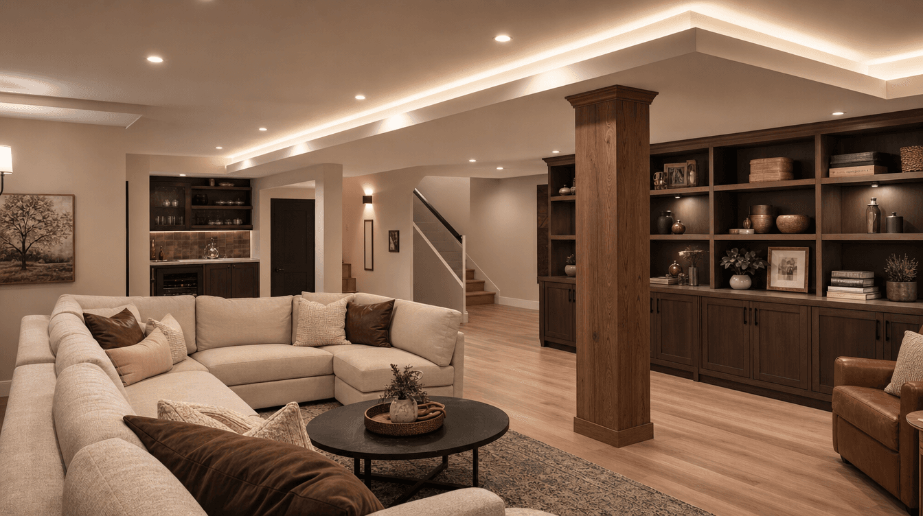 A structural construction detail in a finished basement, conveying stair and framing work