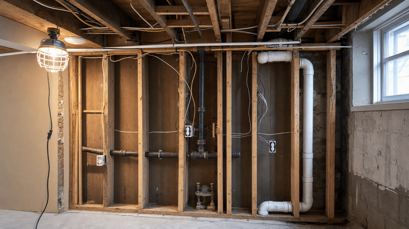 An open section of basement wall revealing older wiring and pipes being inspected with a flashlight