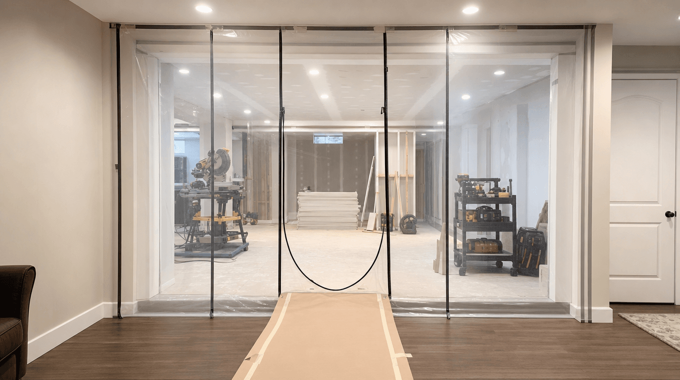A tidy, in-progress basement construction site during a build day in Calgary.