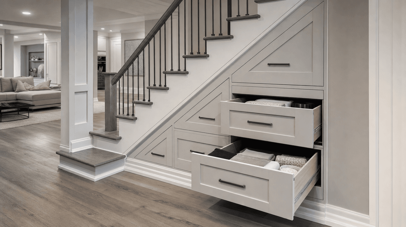Custom under-staircase basement storage with deep pull-out drawers extended.