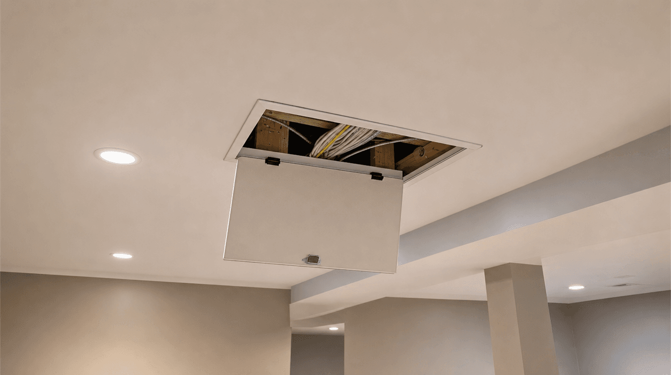A finished basement with a small inspection access panel open revealing wiring
