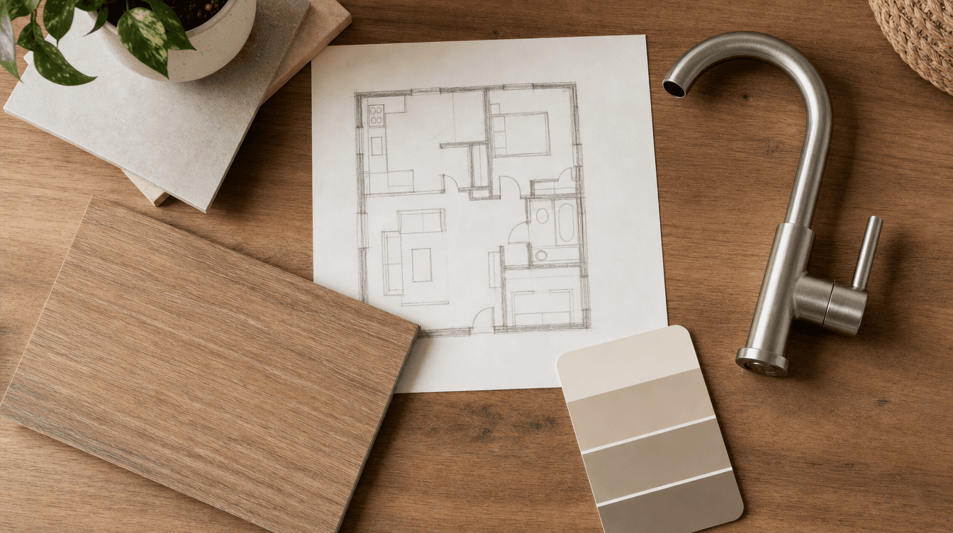 A flat-lay of cost factors: a small floor-plan sketch, a flooring sample, a faucet, and a paint chip on a warm desk