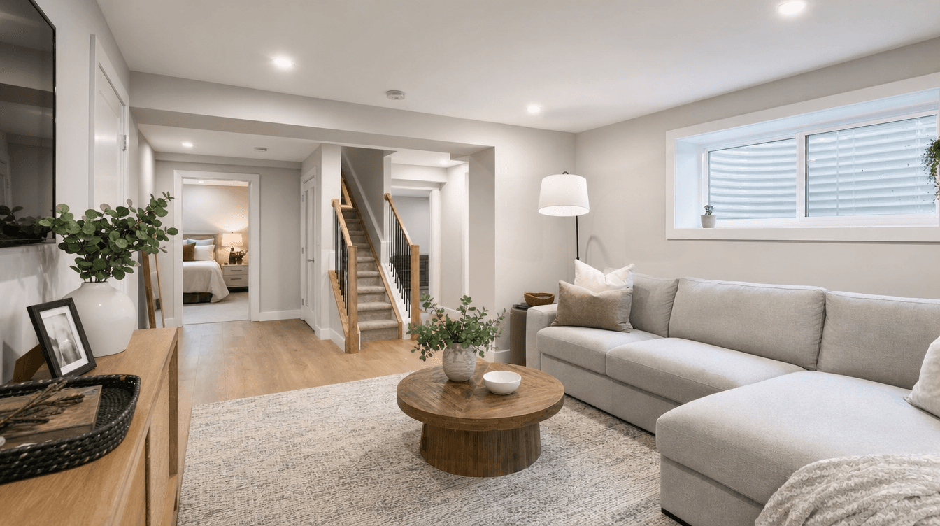 A bright, fully finished basement living space developed from an unfinished basement in Calgary.