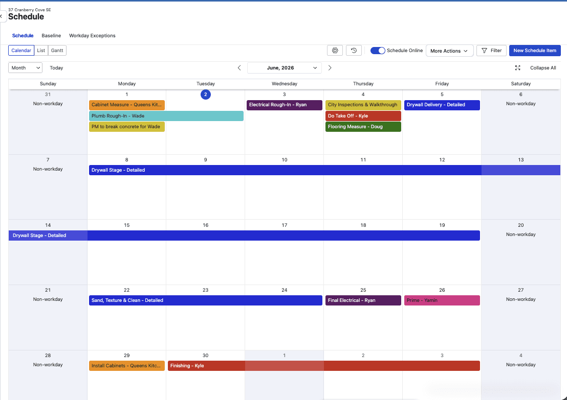 A real ReImagine basement project schedule in Buildertrend, with every stage and trade booked to specific days