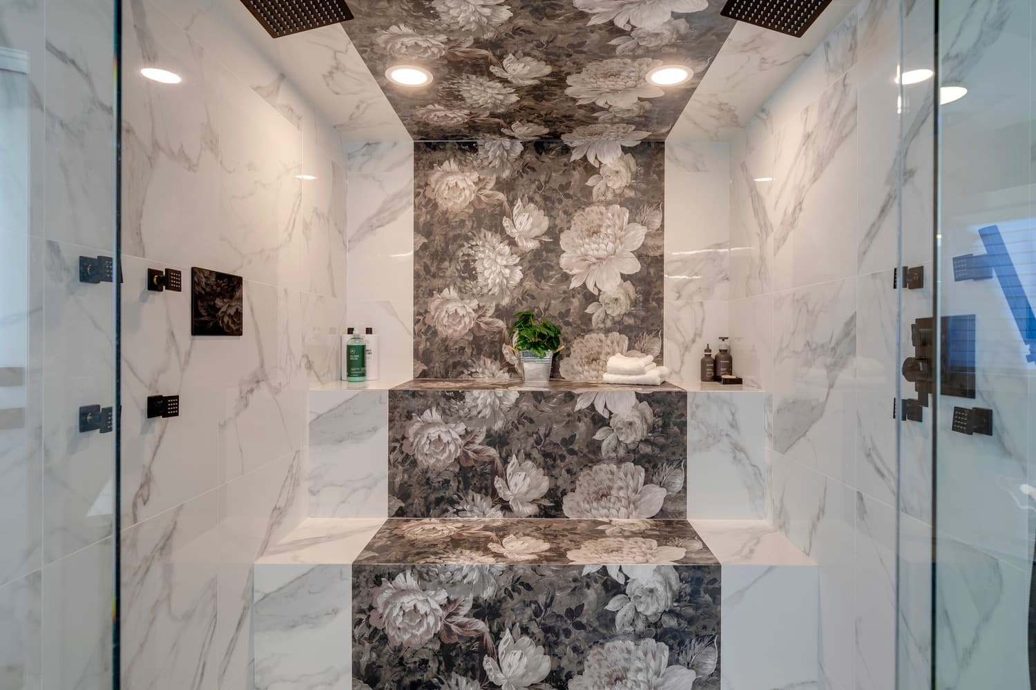 Basement bathroom walk-in tiled shower in a Calgary basement development