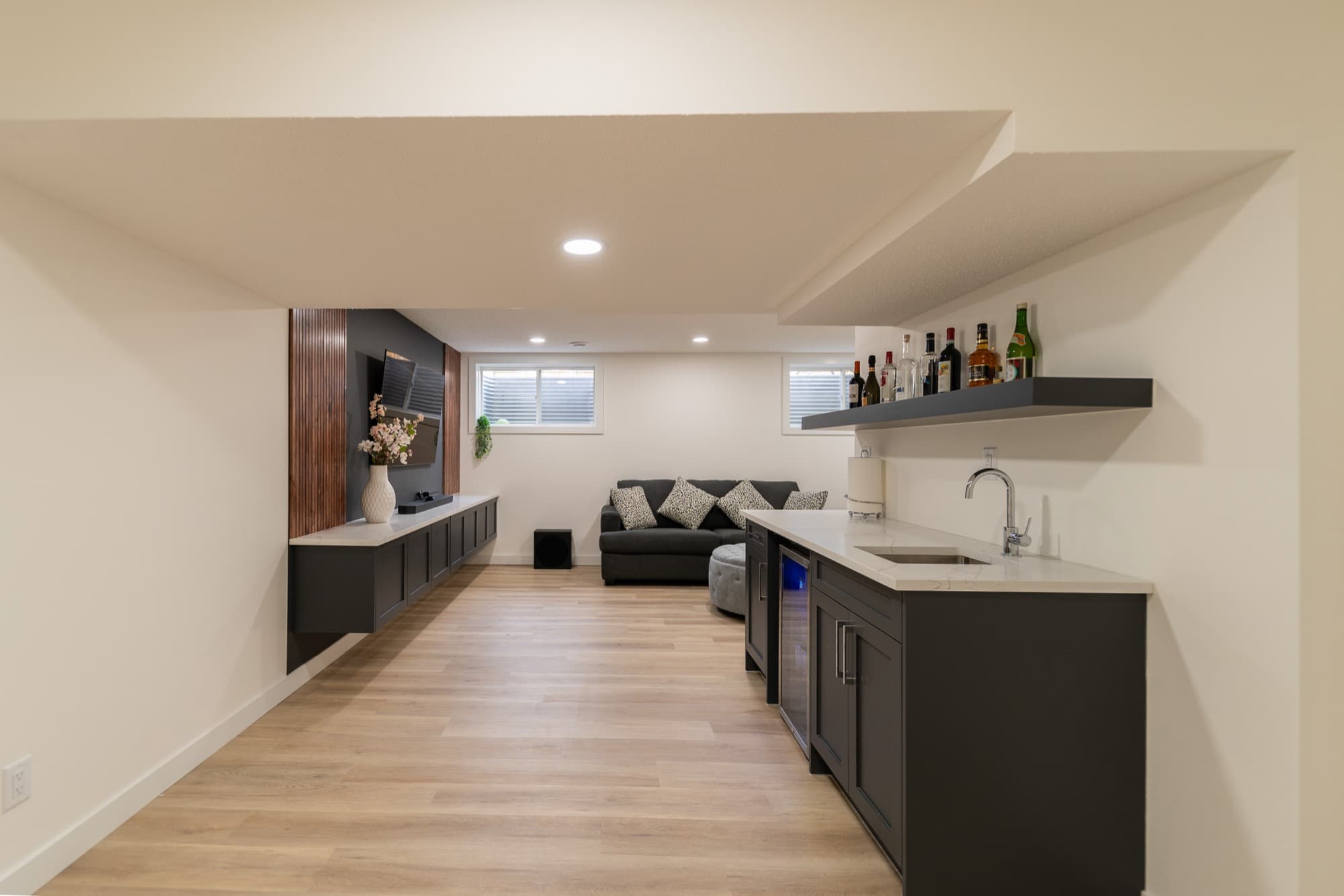 Finished basement wet bar and wine room in a Chestermere home
