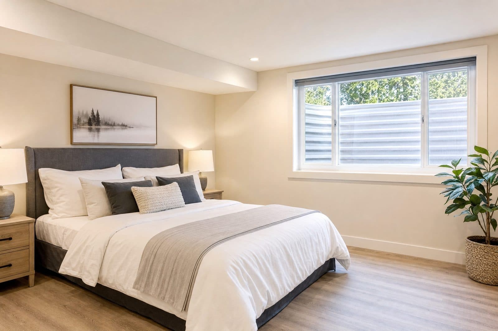 Basement bedroom with a code-compliant egress window in a Calgary basement development