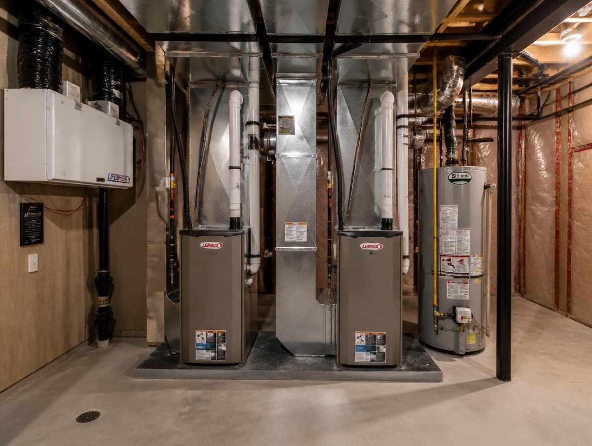 Two high-efficiency furnaces side by side in a Calgary basement mechanical room — a legal suite needs its own independent heating, separate from the main home