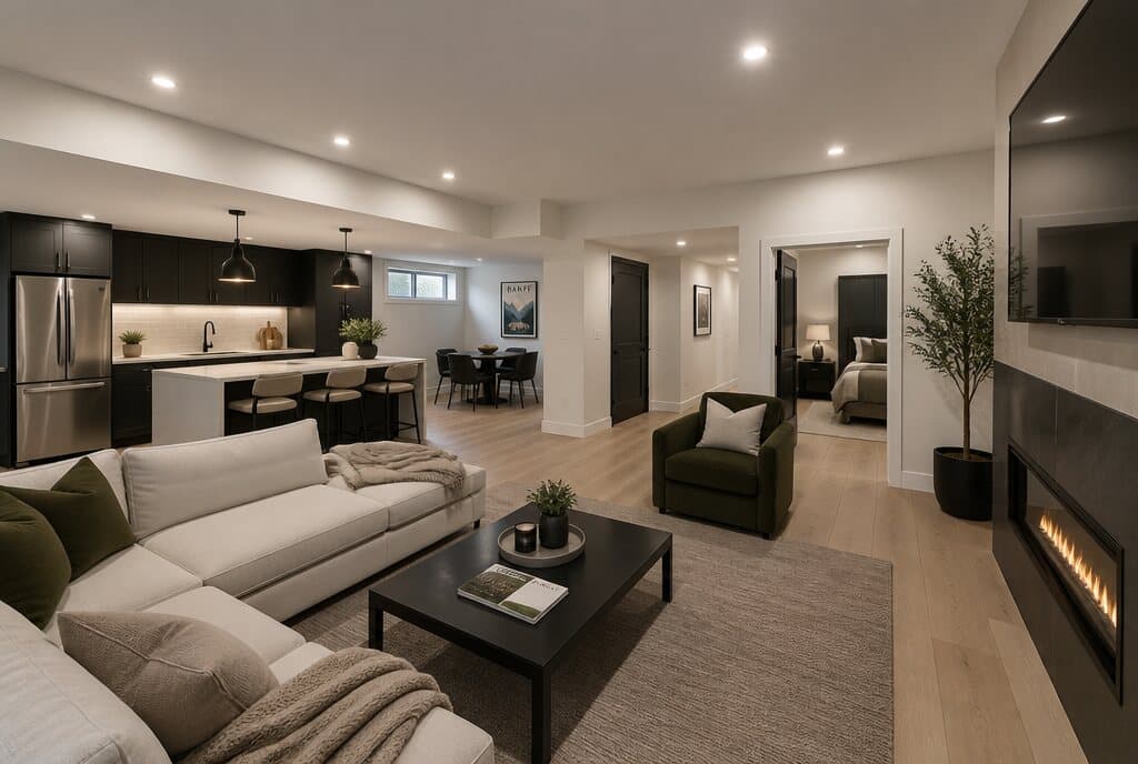 Open-plan legal basement suite in Calgary with a full kitchen, living area, fireplace and separate bedroom