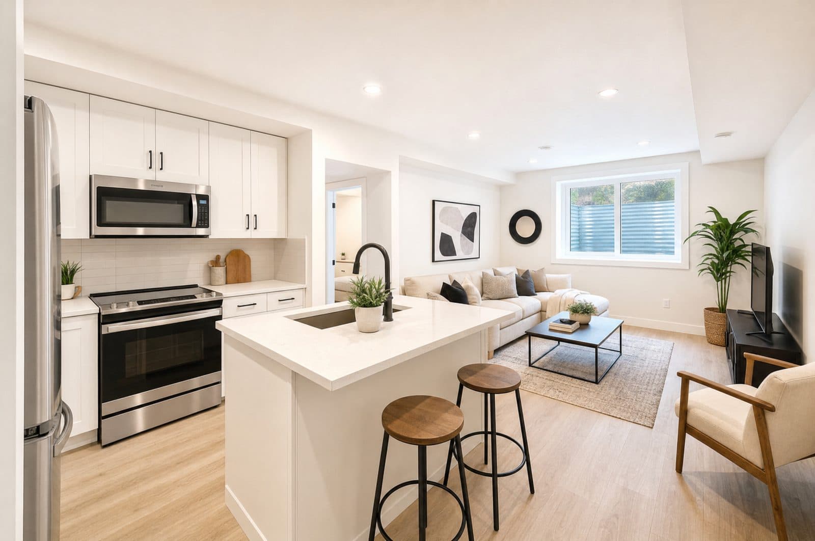 A legal secondary suite kitchen built by ReImagine Builders in a Calgary basement