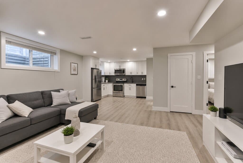 A finished legal basement suite in Calgary with an open kitchen and living area