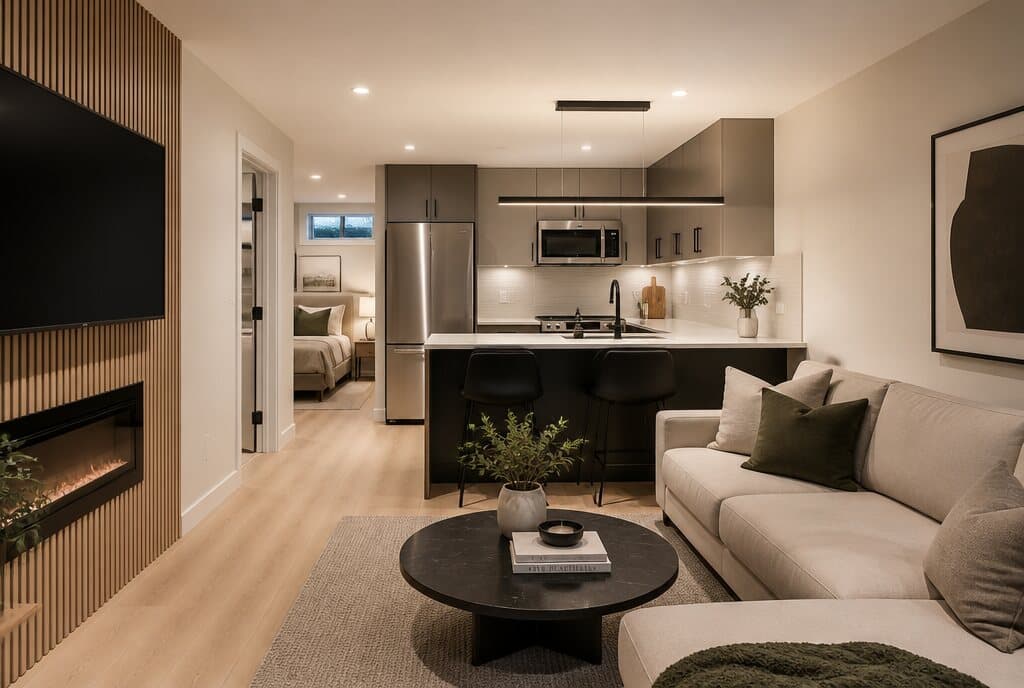 A high-end legal basement suite in Calgary by ReImagine Builders
