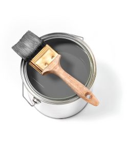 Grey paint tin can with brush on top on a white background with grey strokes